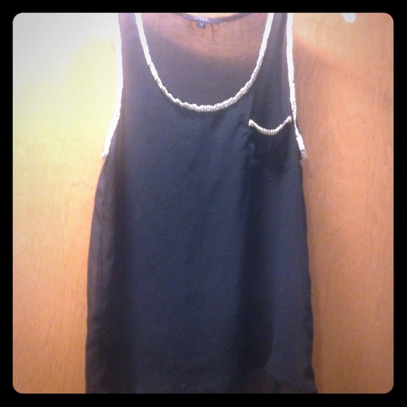 Black sheer tank with gold beads and pocket