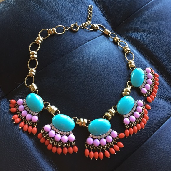 Statement necklace fan fringe Aqua pink orange