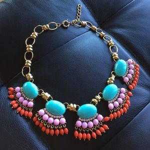 Statement necklace fan fringe Aqua pink orange