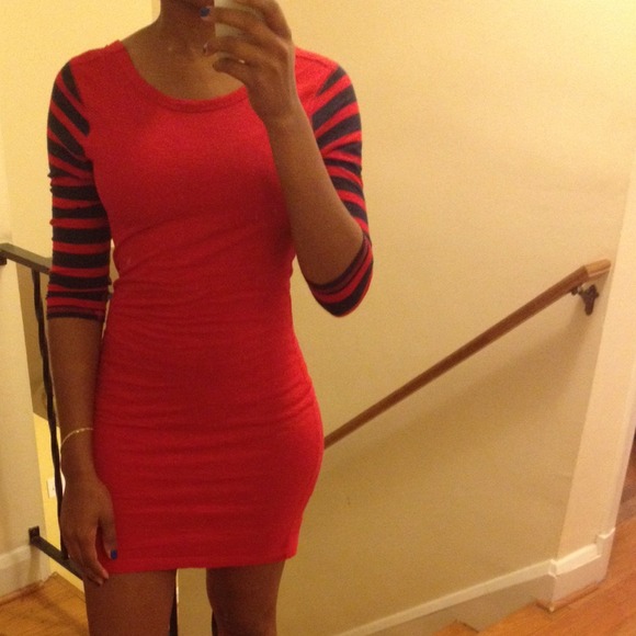 Red dress with blue stripes on sleeves