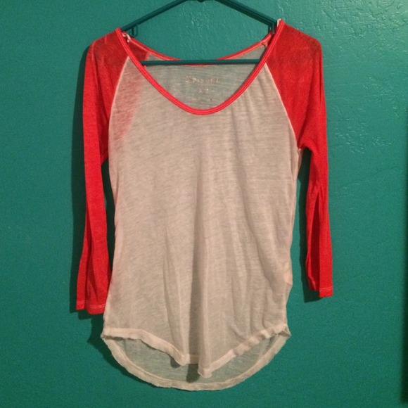 White & pinkish orange baseball tee