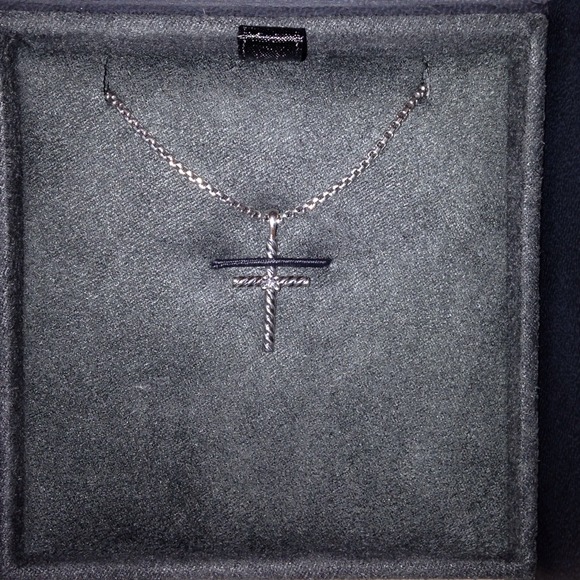 David Yurman, Silver Cross Necklace with Diamond