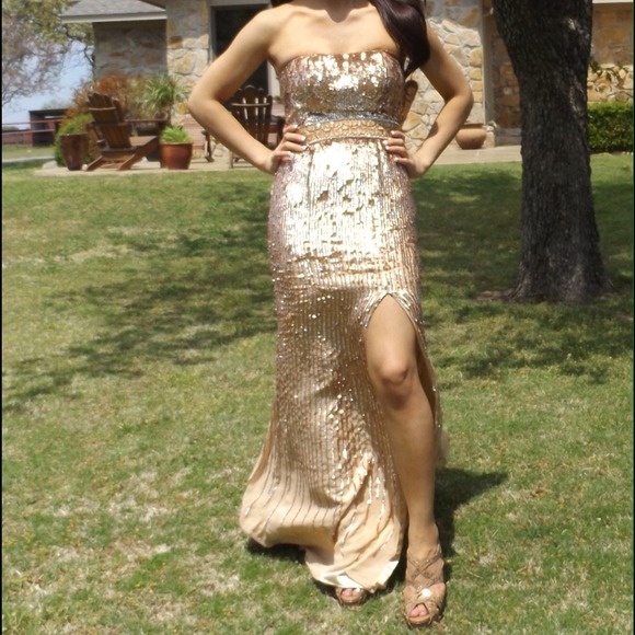 strapless open back dress Sherri Hill Heavy Beaded Gold Formal Dress – Six Sisters Boutique-NULU main image 1