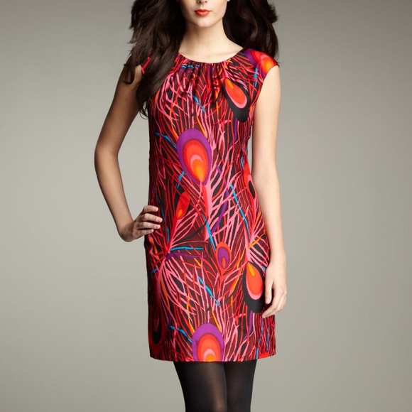 Milly Dresses & Skirts - Milly Red Feather Peacock Print Silk Dress 8 NWOT