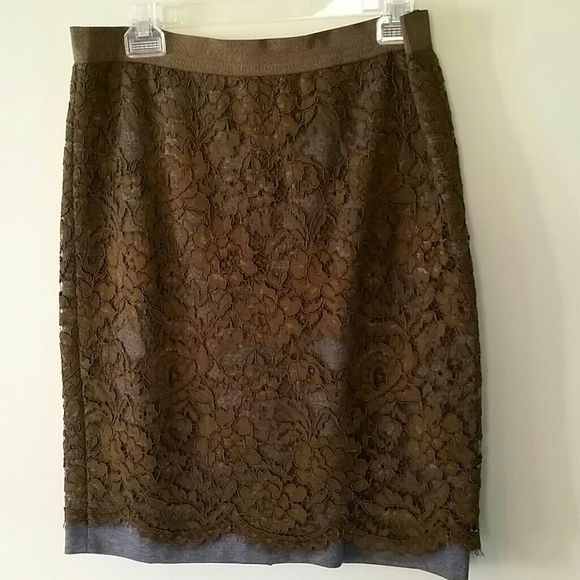 Loft olive green lace over medium grey skirt