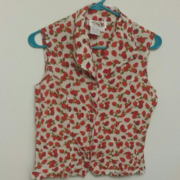 Vintage silk strawberry print sleeveless top
