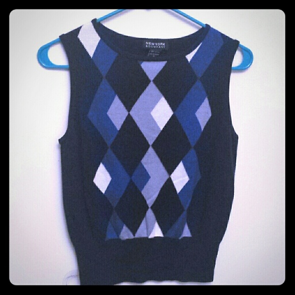 Black sweater vest with grey blue and white argyle