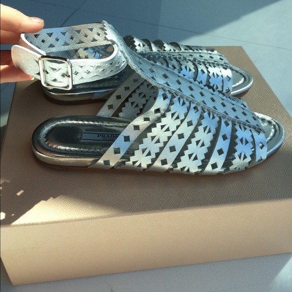 NWT Prada Silver Flat Gladiator Sandals