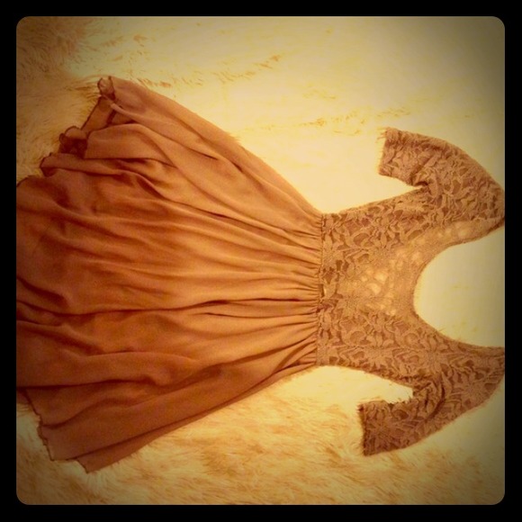 Lacy flowy taupe color dress with low V back