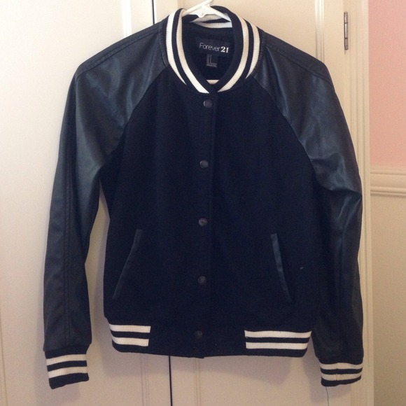 Black varsity jacket with leather sleeves