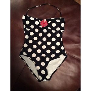 Polka-Dotted One Piece Swimsuit with Rose Detail