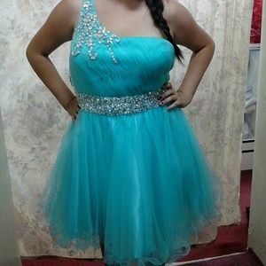 Formal aqua dress with silver rhinestones