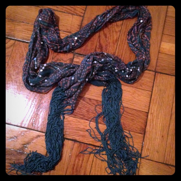 Blue pink and sequin silk fringe scarf - Picture 1 of 2