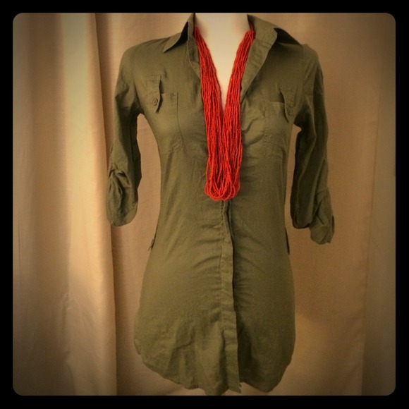 Army green button up top.