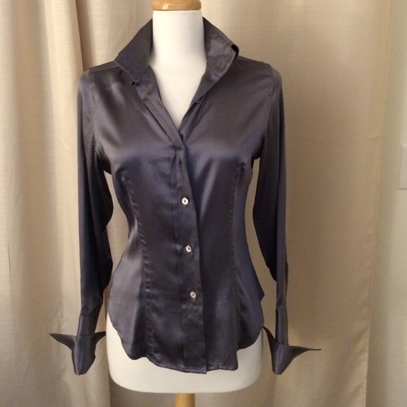 Silk dark grey button up blouse.
