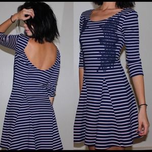 Free People Navy & White Striped Embroidered Dress