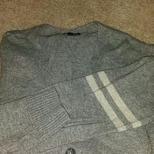 Grey cardigan with varsity white stripes on sleeve