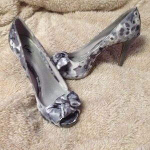 Silver floral peep toe heels