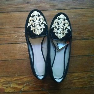 Zara black slip on loafers with gold embroidery NW