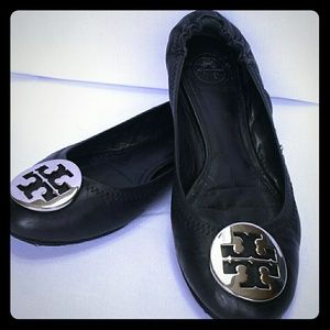 Black Tory Burch Reva flats size 8 silver logo