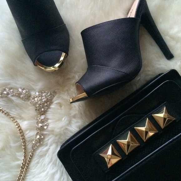 Shoes - Black Saffiano Leather Stiletto Mules