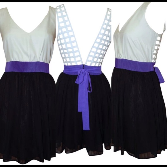 ivory, black, and purple dress with lattice back - Picture 1 of 2