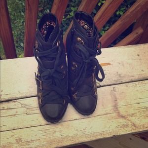 Black buckle wedge ankle boot