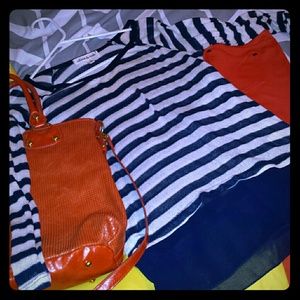 Navy & cream striped sweater w/sheer ruffle bottom