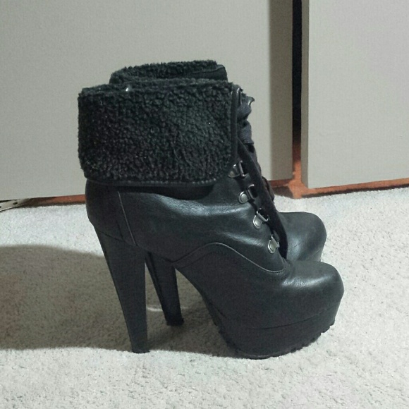 Black booties with faux wool