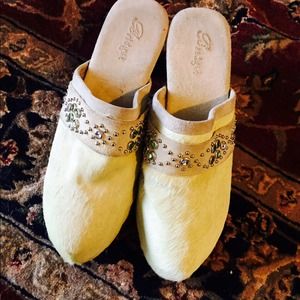 Light Green Pony Hair Rhinestone Clogs - Size 8