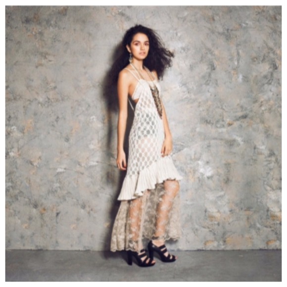 Cream Cotton Mesh & Linen Lace Net Dress - Picture 2 of 4