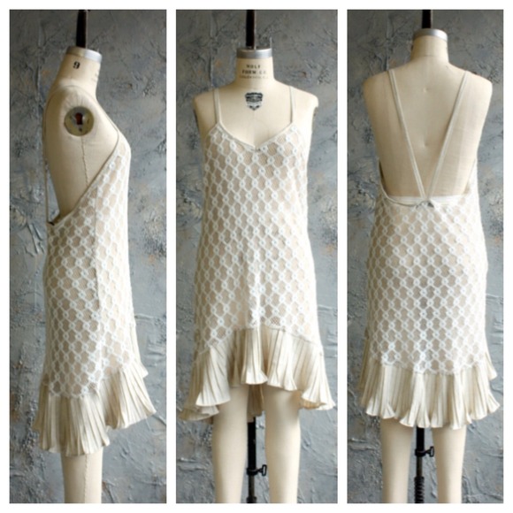 Cream Cotton Mesh & Linen Lace Net Dress - Picture 3 of 4