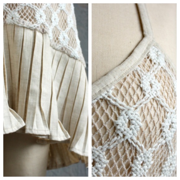 Cream Cotton Mesh & Linen Lace Net Dress - Picture 4 of 4