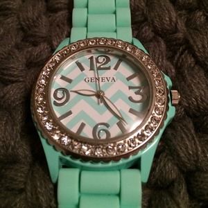 Geneva mint green watch with chevron background