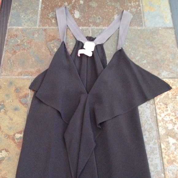 Black silky top w/ruffles. Gray ribbon straps. - Picture 3 of 3