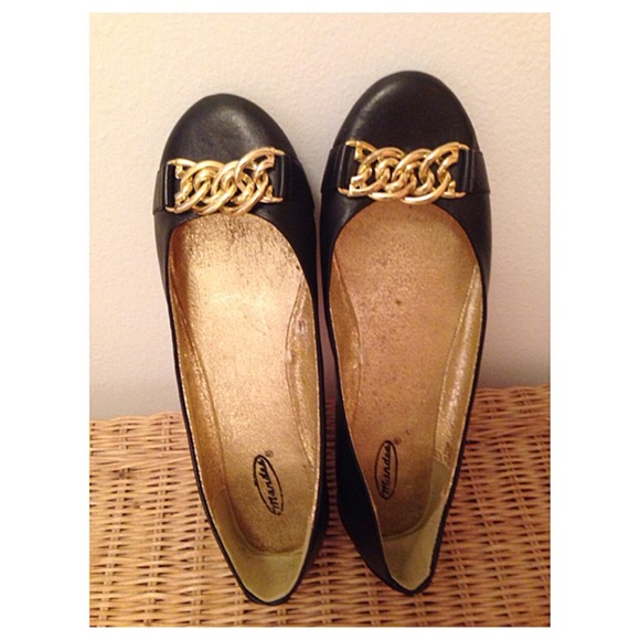 Black Leather Flats Gold Chain