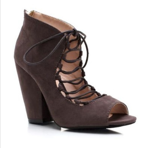 Gray Suede Chunky Heel Lace Up Heels