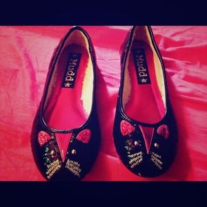 Black pink and silver sequence cats flats!!