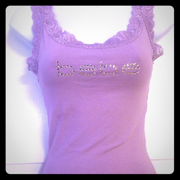 Cute BEBE rhinestone studded purple laced crop top