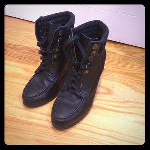 Black lace up wedge booties