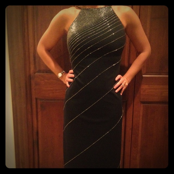 Long black evening dress with silver beading.