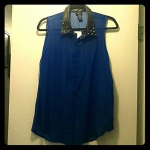 Blue chiffon tank with leather studded collar