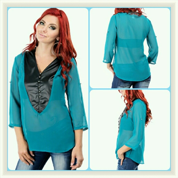 Teal sheer top w/faux leather underneath BN SzS