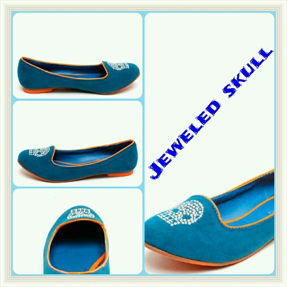 Teal suede flats w/crystal skull BN Sz6