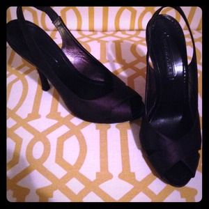BCBG satin black dressy open back heels. Size 7.