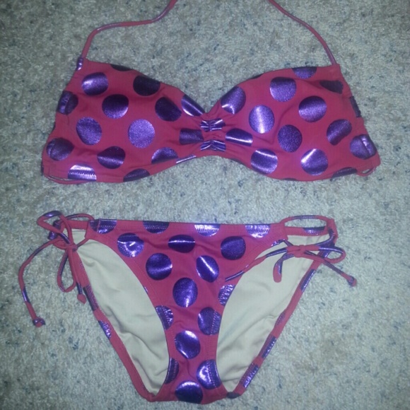 Red & Purple polka dot swim suit. L top/S bottoms.