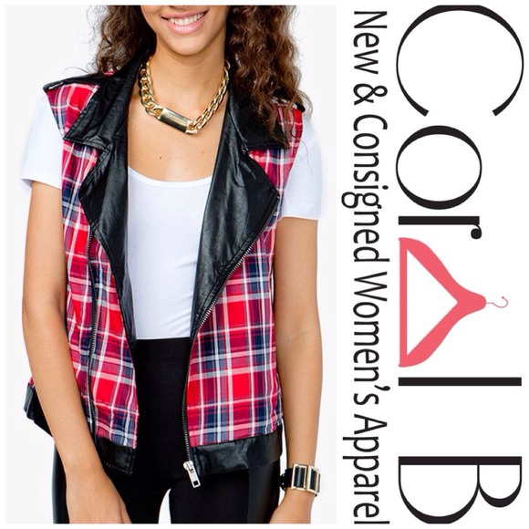 Red Plaid Vegan Leather Vest - Picture 2 of 2