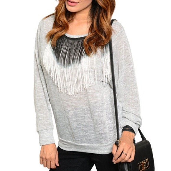 Sweaters - Grey Black and White Ombre Fringe Sweater