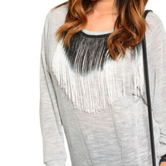 Grey Black and White Ombre Fringe Sweater - Picture 3 of 3