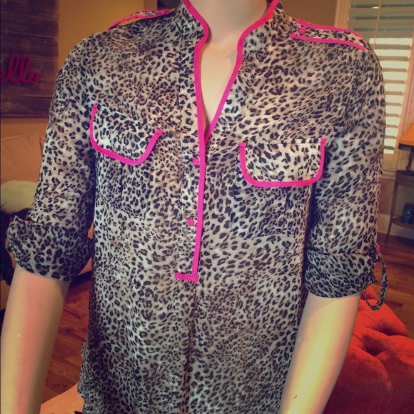 Leopard blouse. Hot pink edges. Slightly sheer.